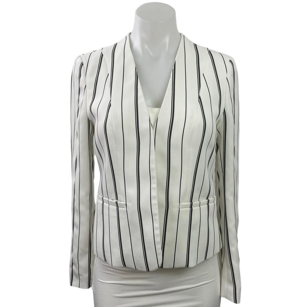 Bar III Womens White Black Striped V Neck Long Sleeve Blazer Coat Jacket Size XS